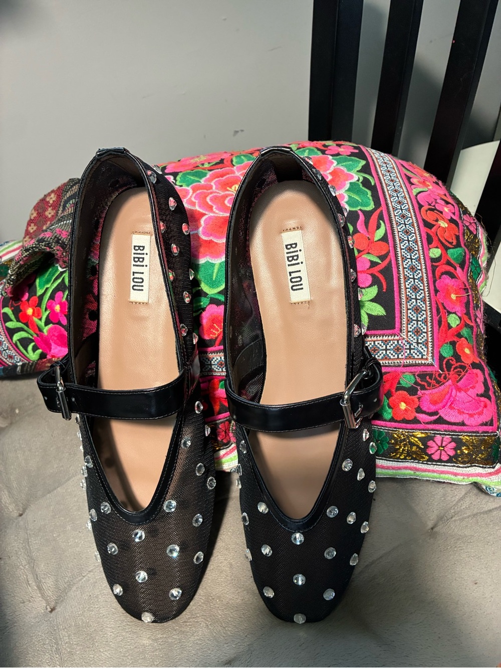 Bibi Lou Black Studded Mary Jane Flats